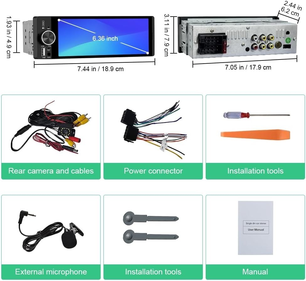 Single Din Car Stereo, 6.36 Inch CarPlay & Android Auto HD IPS Touchscreen Ra…
