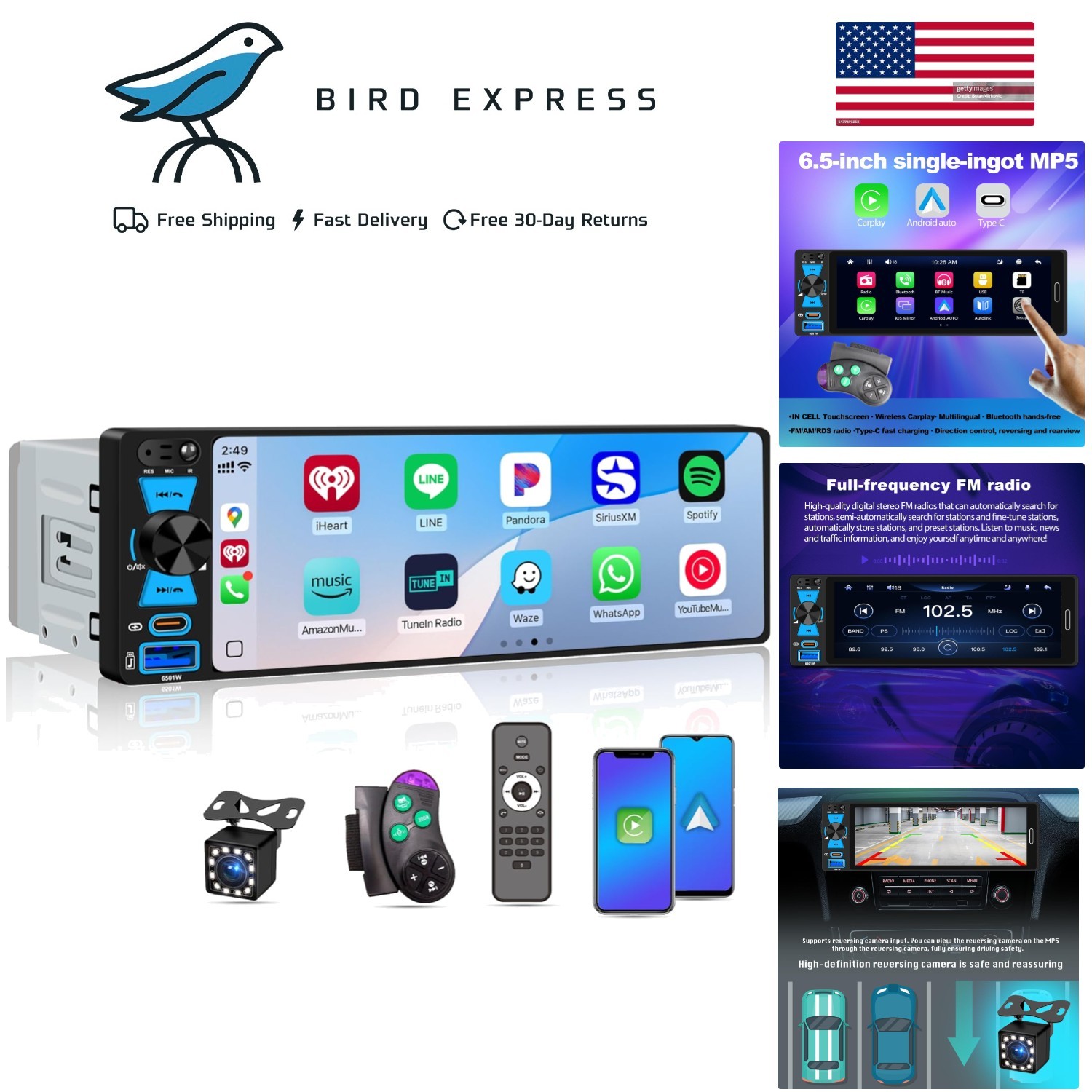 6.5in Single Din Car Stereo with Wireless Apple CarPlay Android Auto Bluetooth