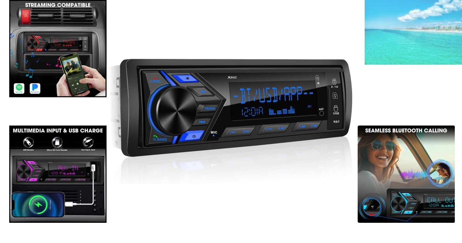 Single Din Bluetooth Car Stereo Receiver with HD LCD Display & USB Fast Charging