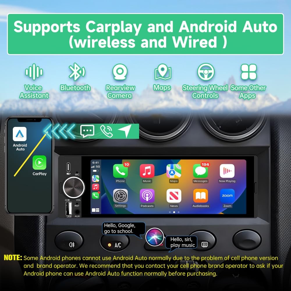 Single Din Car Stereo, 6.36 Inch CarPlay & Android Auto HD IPS Touchscreen Ra…