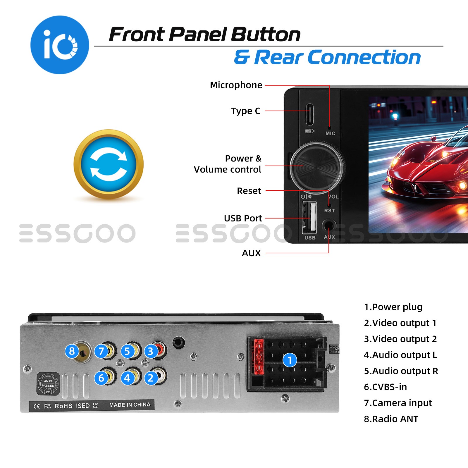 6.8″ Car Stereo Touch Screen Single 1Din Apple CarPlay Head Unit USB/BT/FM Radio