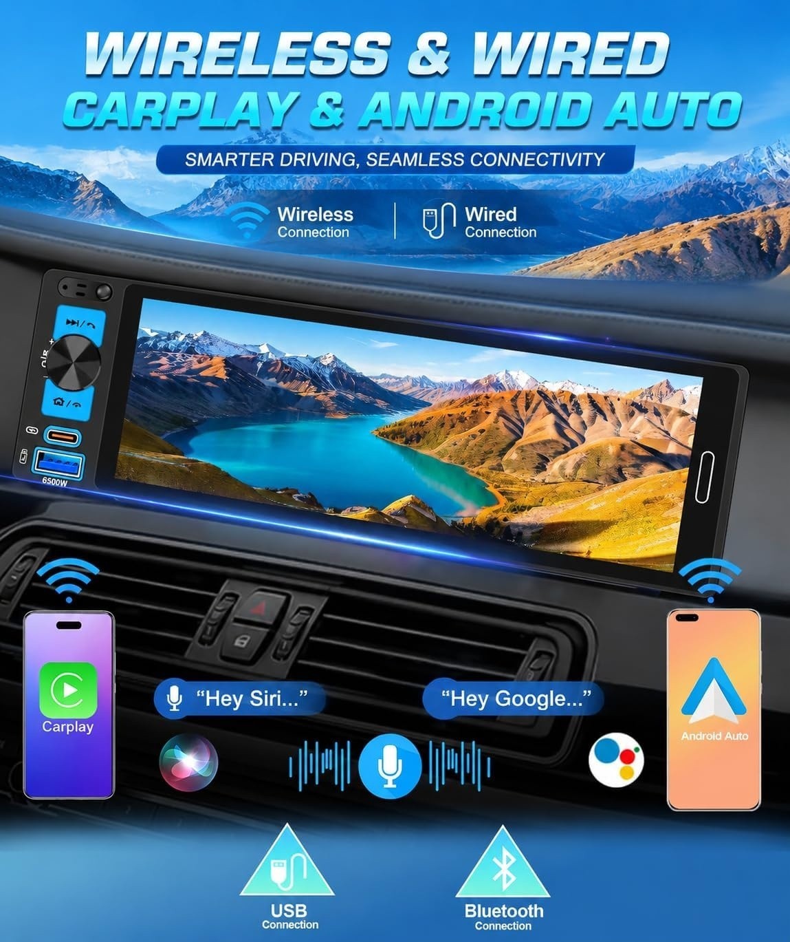 6.5” Single Din Car Stereo Receiver With Wireless Apple CarPlay, IPS Touchscreen