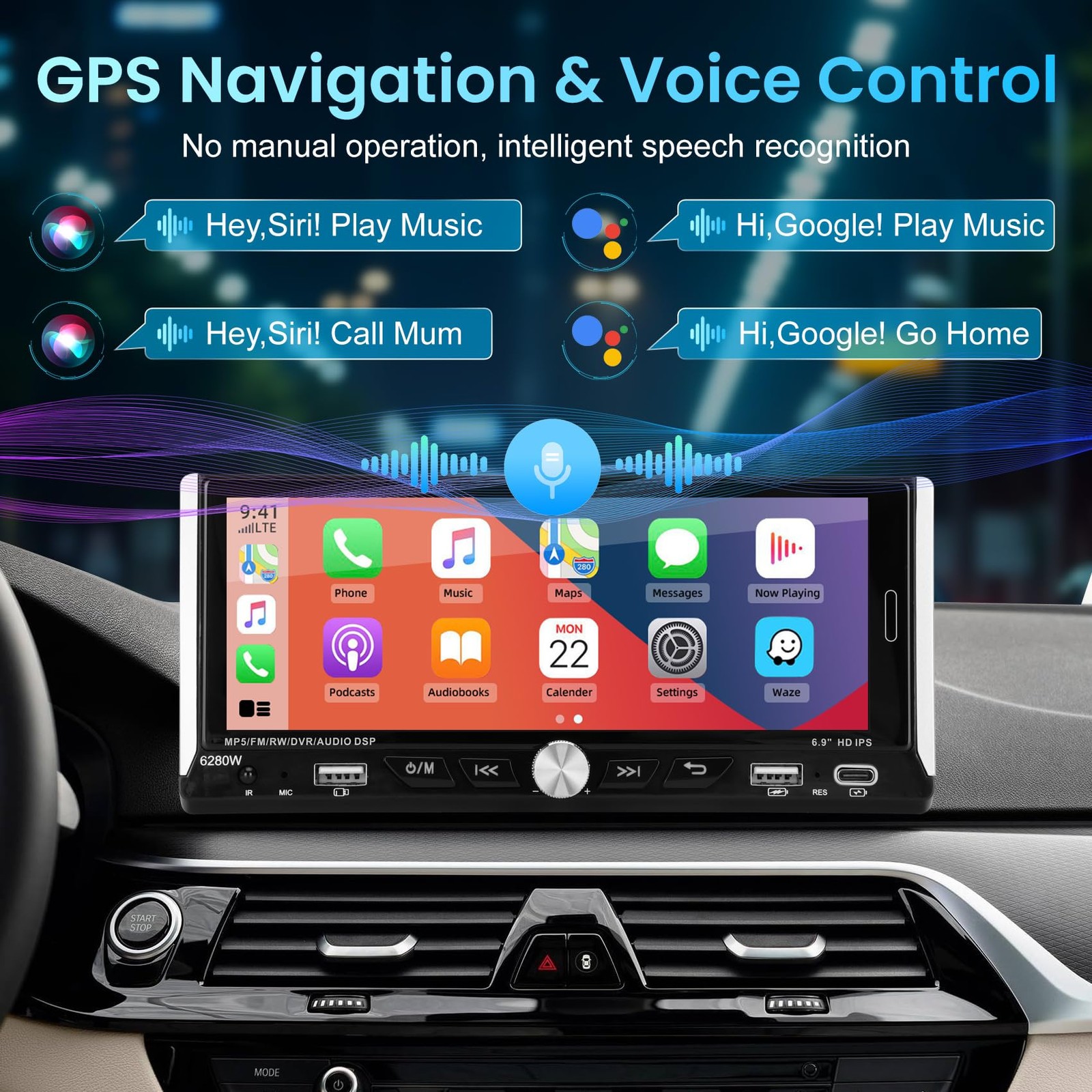6.9 Inch HD IPS Single Din Touchscreen Car Stereo, Silver & Black 6.9″ Stereo