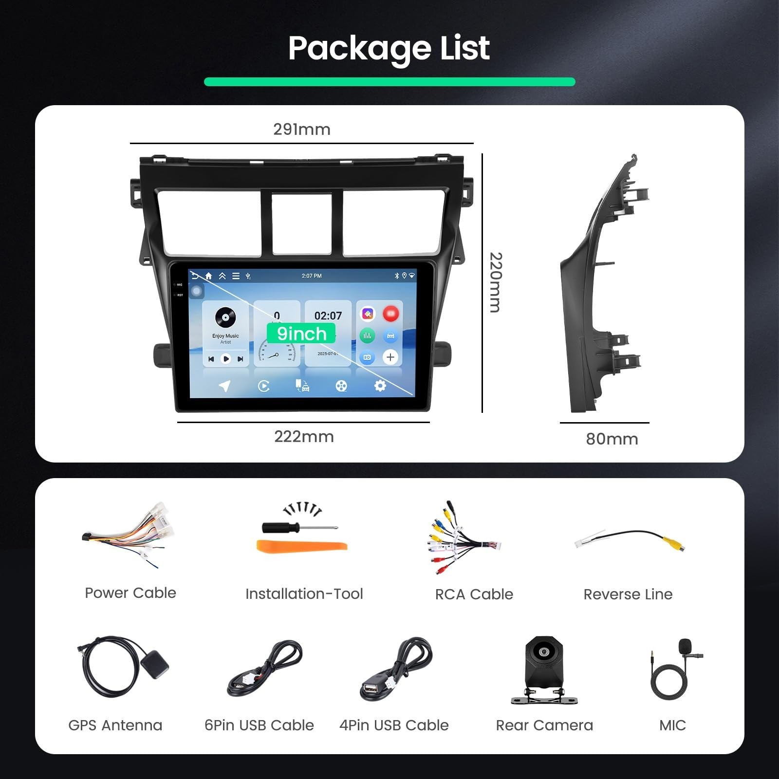 4+128G Radio for Toyota Yaris Vios 2007-2012, 9″ Touch Screen Bluetooth Radio…