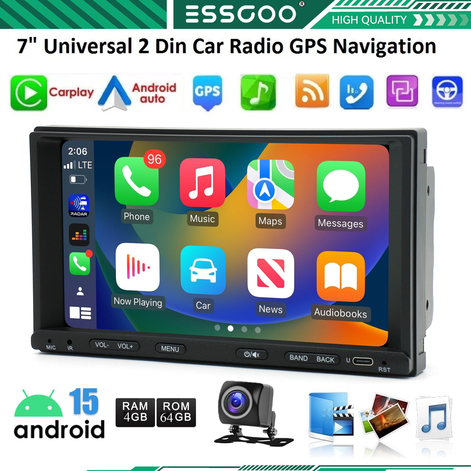 7″2Din Car Stereo Radio 4+64G GPS Navi Wireless Carplay Android Auto with Camera