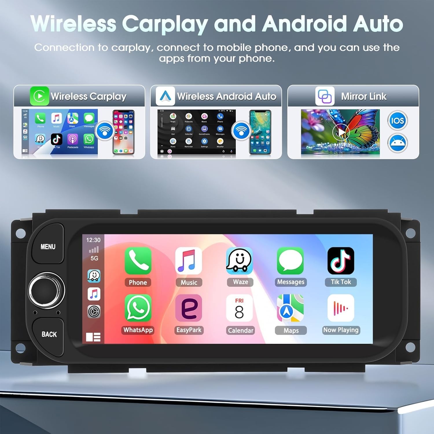 Android 15 Single DIN Car Stereo 6.86″ GPS CarPlay Auto Camera Jeep