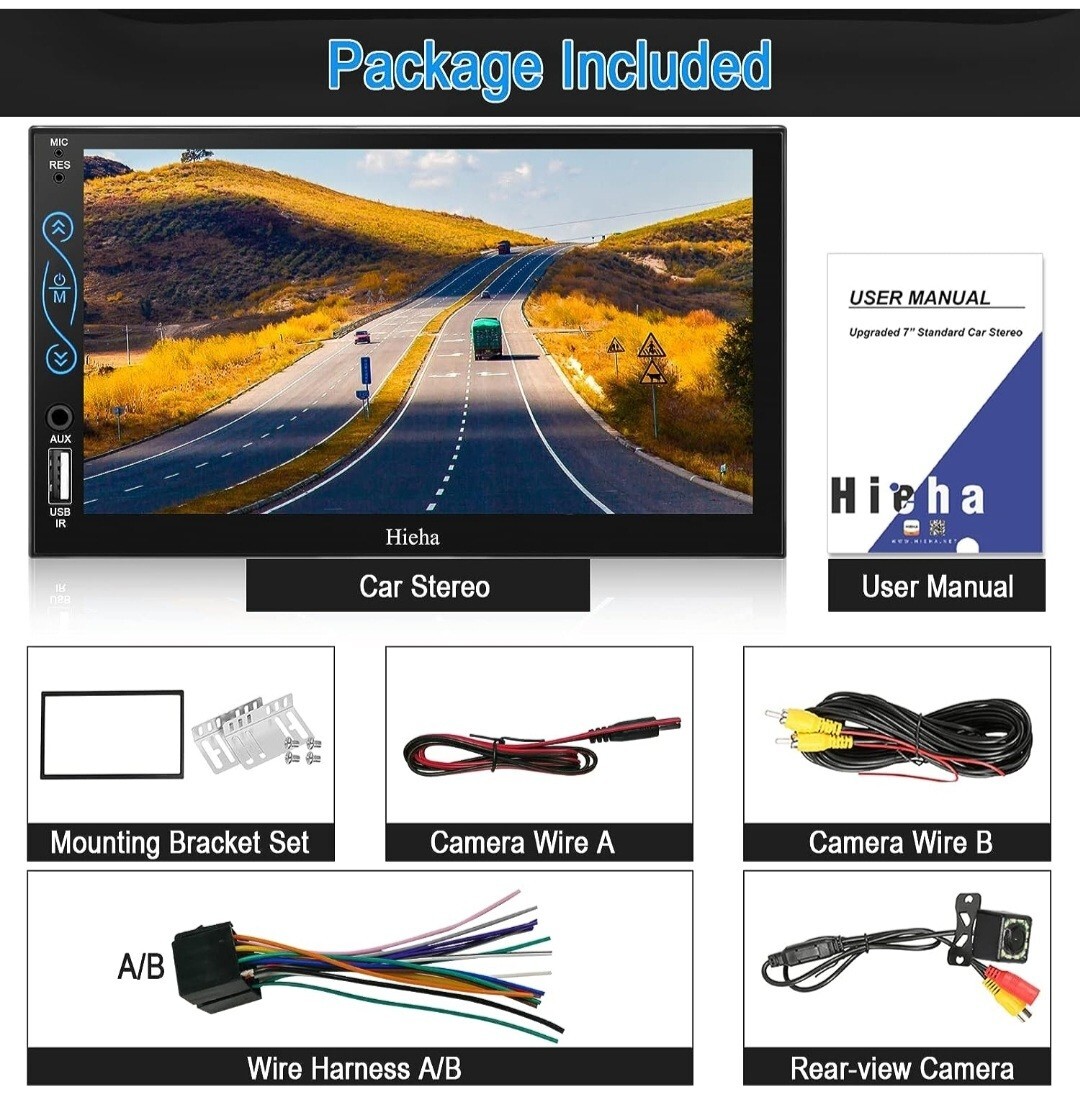 Hieha 7” Double Din Bluetooth Car Stereo with Backup Camera NEW IN BOX