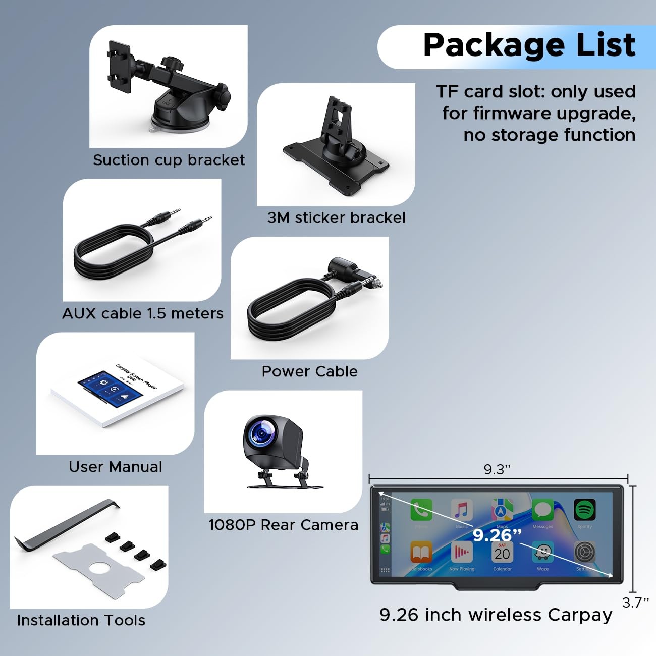 9.26” Carplay Screen with 2.5K Dash Cam and 1080P Backup