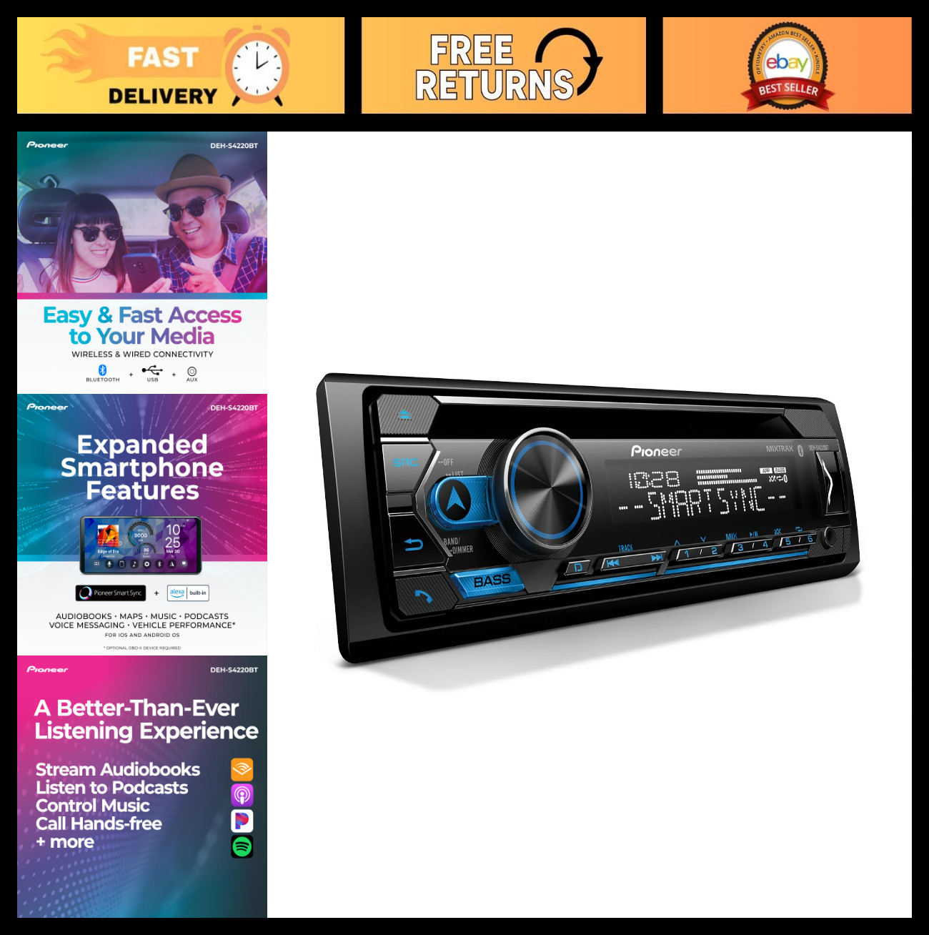 1-Din Bluetooth CD Receiver, USB/AUX, Color Change, AM/FM Radio, Detachable Face