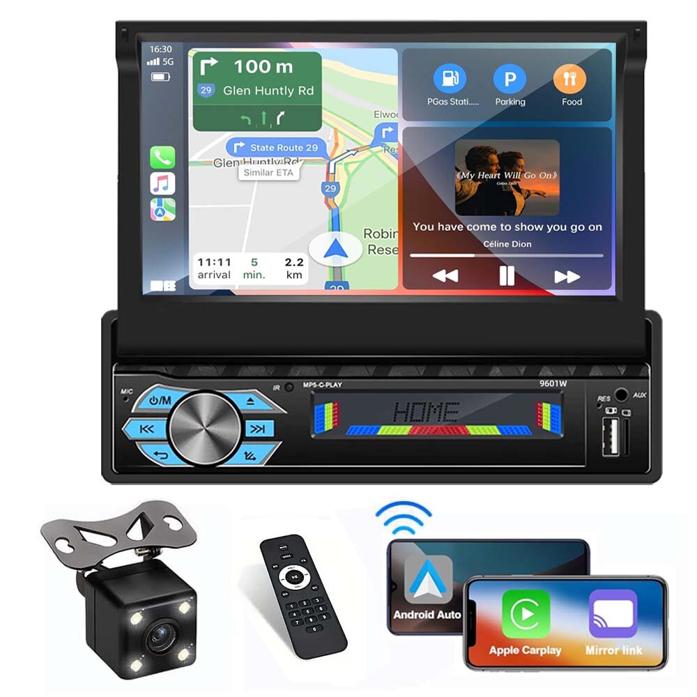 1 DIN 7″ Carplay Car Radio Stereo Flip Out Player Touch Screen Bluetooth GPS+cam