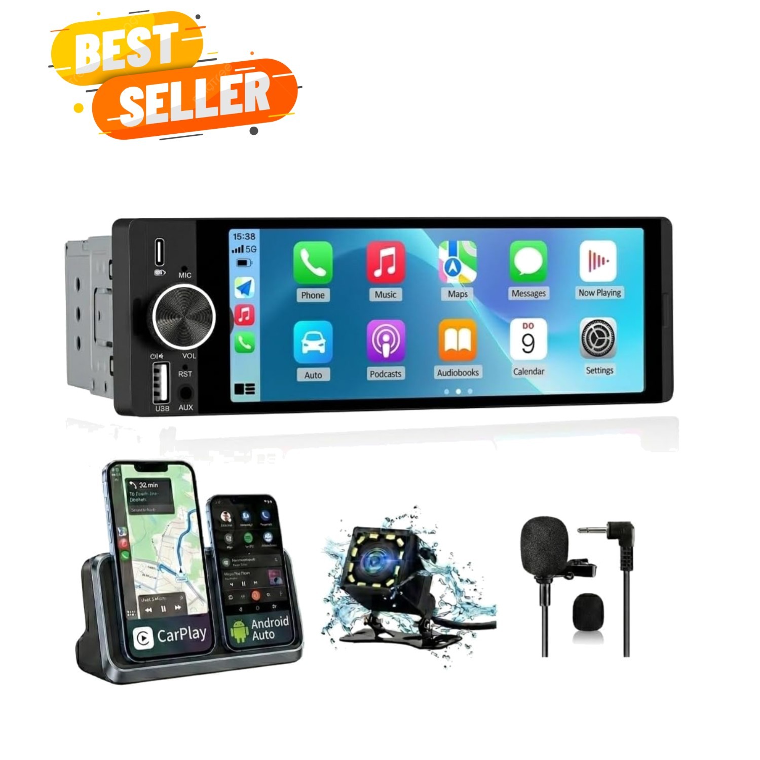 Single Din Car Stereo, 6.36 Inch CarPlay & Android Auto HD IPS Touchscreen Ra…