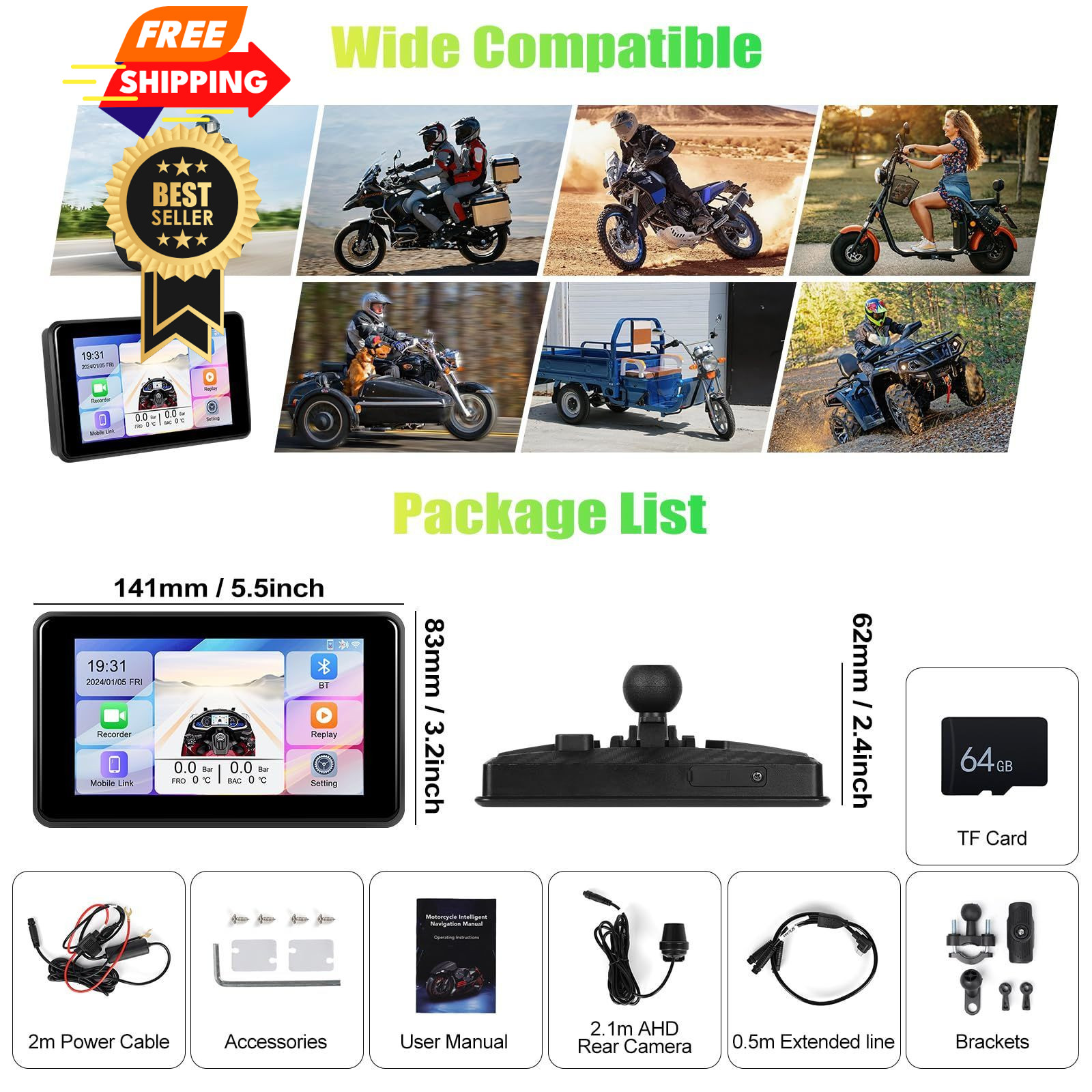 CAMECHO Motorcycle Carplay Screen with 2K Dash Cam/HD 5-inch Cameras