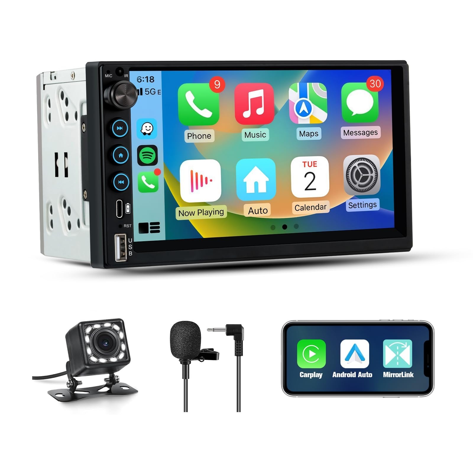7″ Double Din Car Stereo – Wireless CarPlay, Android Auto, Bluetooth, Touchscree