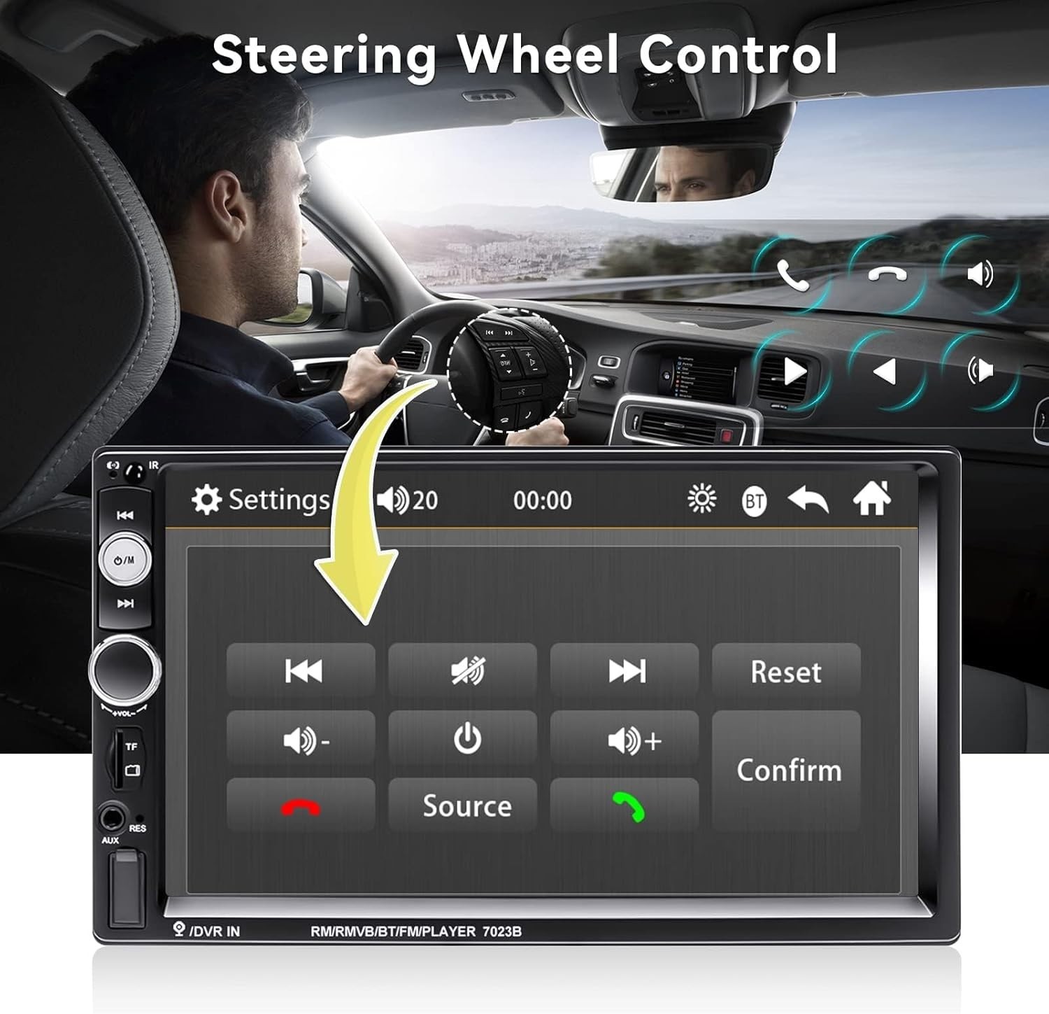 7″ HD Bluetooth Double Din Car Stereo with Steering Wheel Remote & Backup Cam