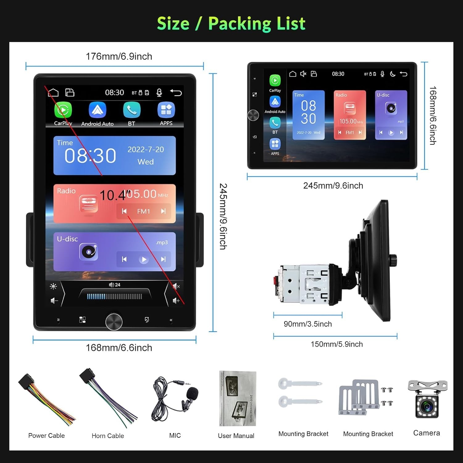 10.4″ Single Din Touchscreen Car Stereo with Wireless Carplay& Android Auto, …