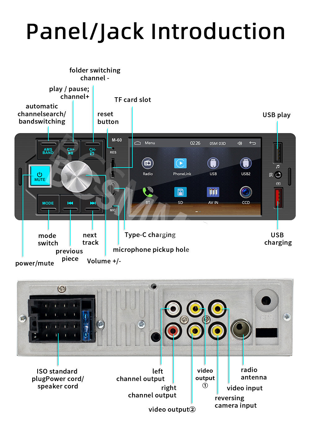 4.1in Single Din Car Media Player Touch Screen Radio Bluetooth Stereo TF AUX USB
