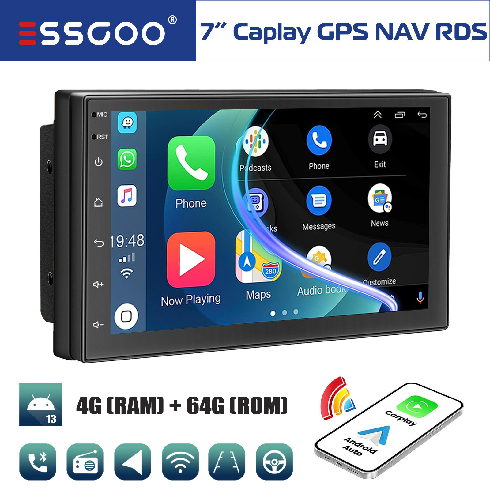 7″ Android 13 Car Stereo 2 DIN Radio Carplay Blutooth GPS NAV Touch Screen 4+64G