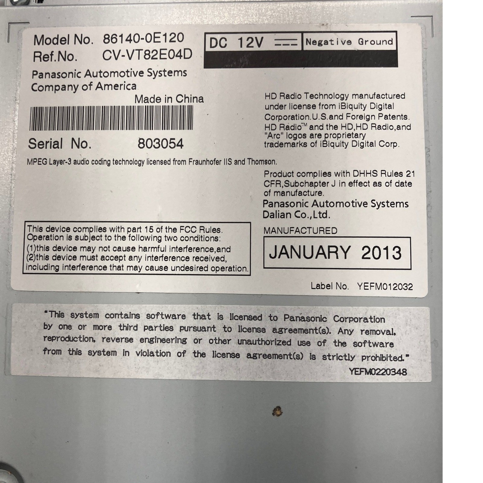 Toyota Highlander JBL Radio CD 86140-0E120 Panasonic Harman Extension Box BE2729