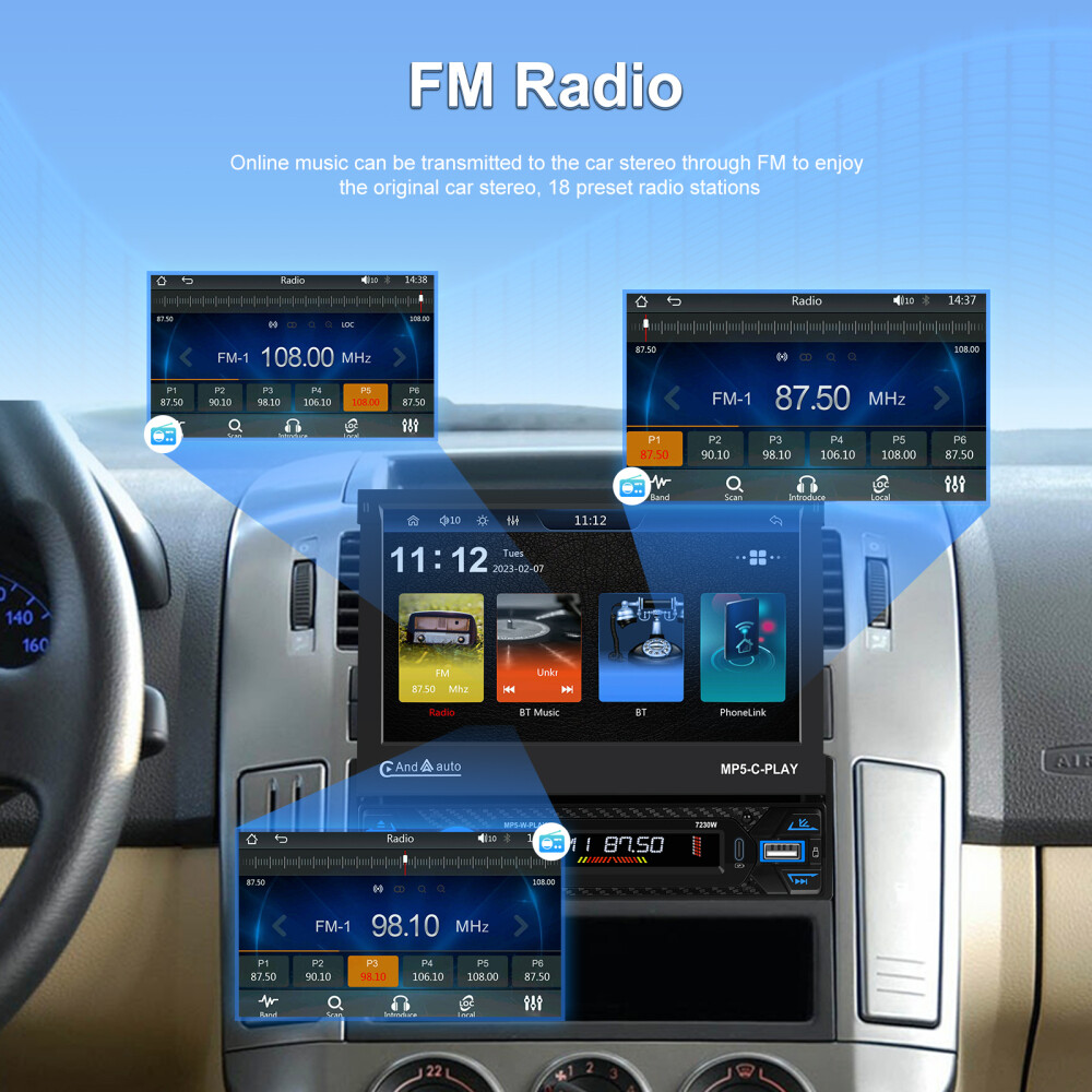 7″ Single 1DIN Car Stereo electric CarPlay Touch Screen USB MP5 Player Flip Out