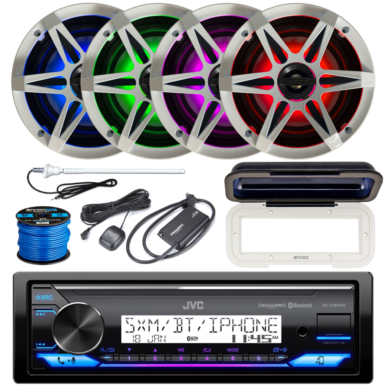 JVC Marine Receiver, Cover, XM Tuner, 4x 6.5″ LED Speaker, Grille, Antenna, Wire