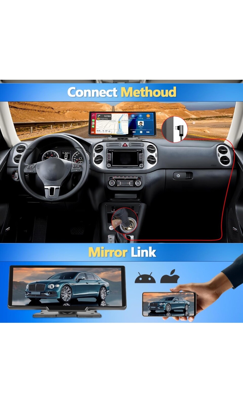 Portable Carplay Wireless Car Stereo Receiver, 9.3 inch car