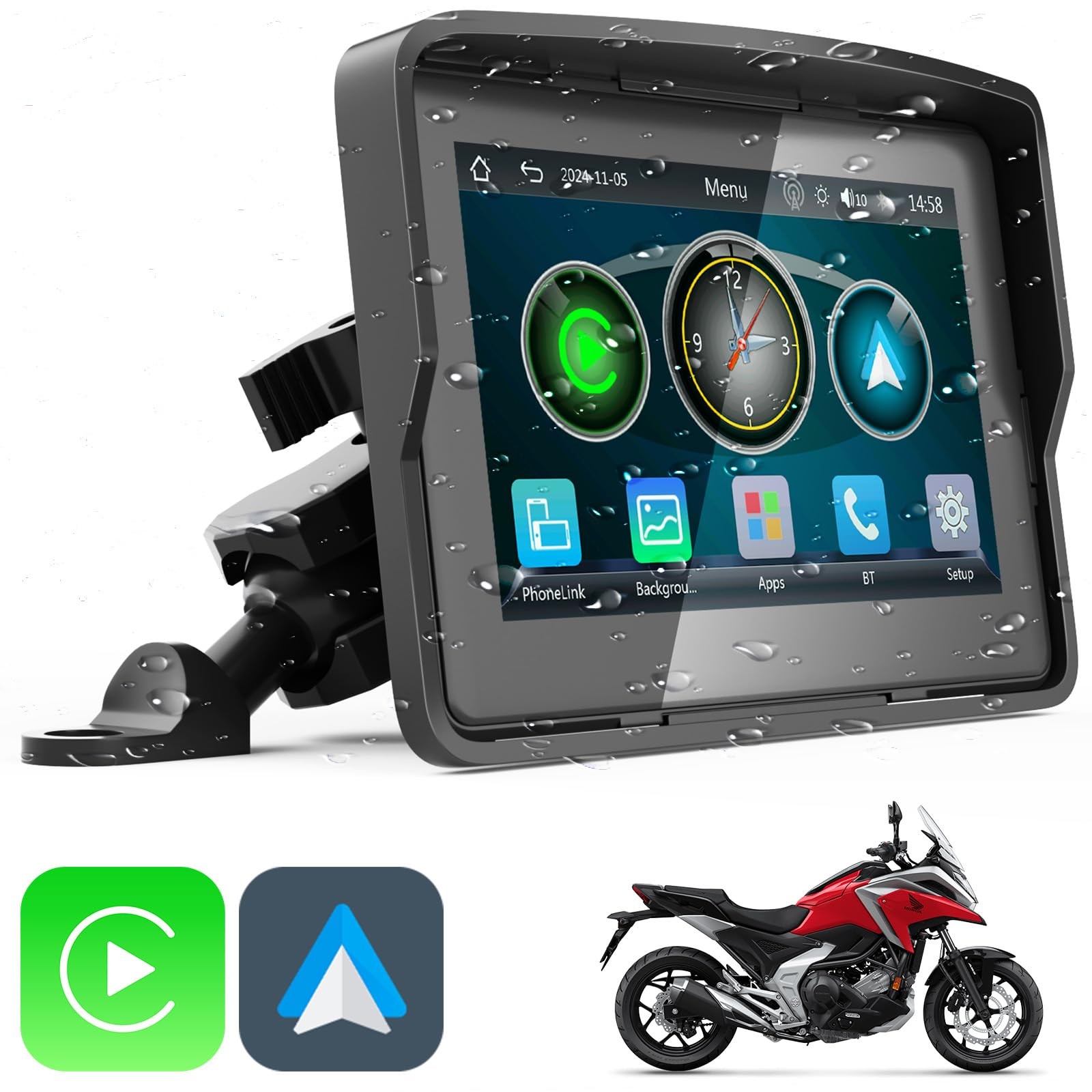 YCV Motorcycle Carplay Screen, Wireless CarPlay & Android Auto for Black