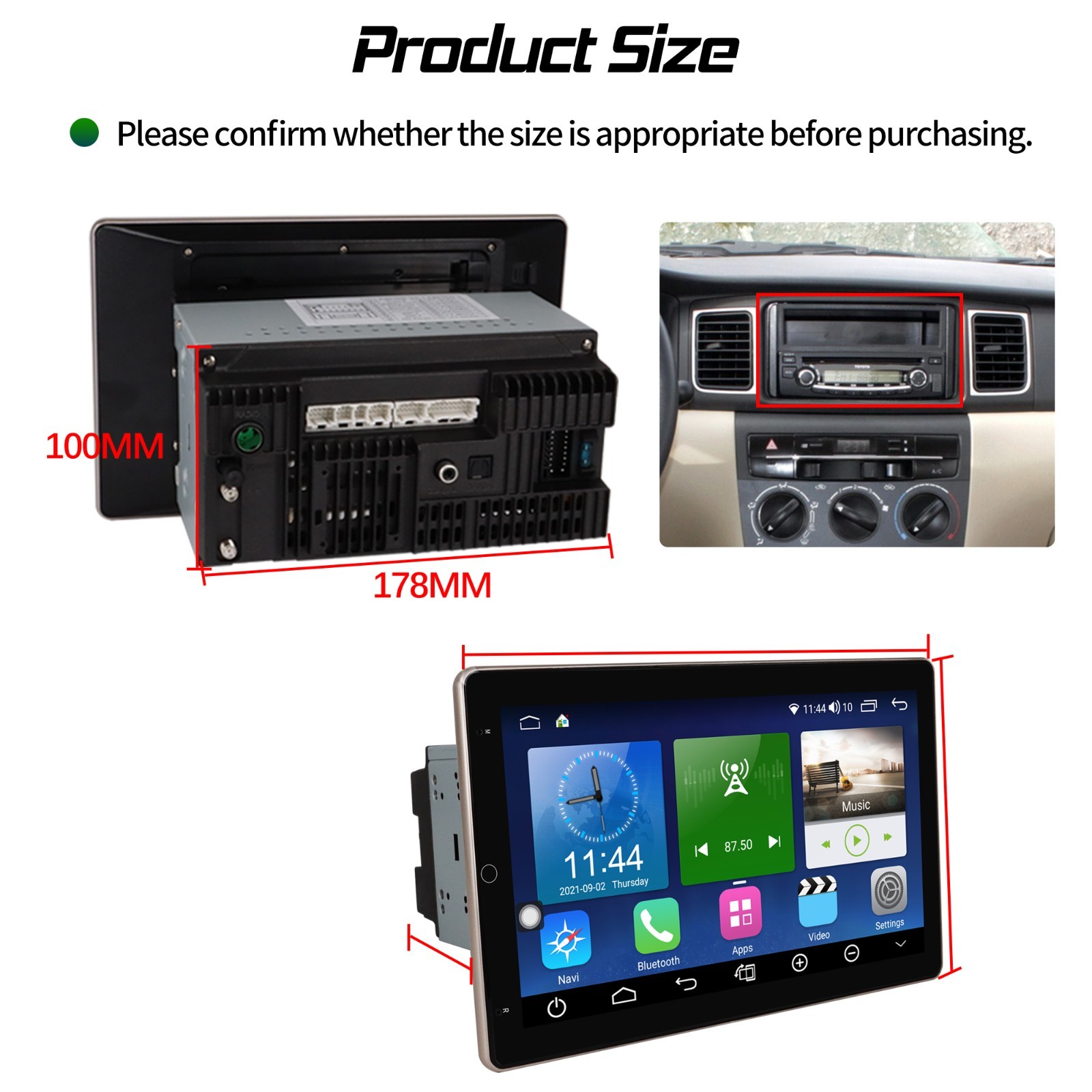 Rotatable Car Stereo Radio 2 DIN 10.1″ Touch Screen Android GPS Navi Wifi 4+64GB
