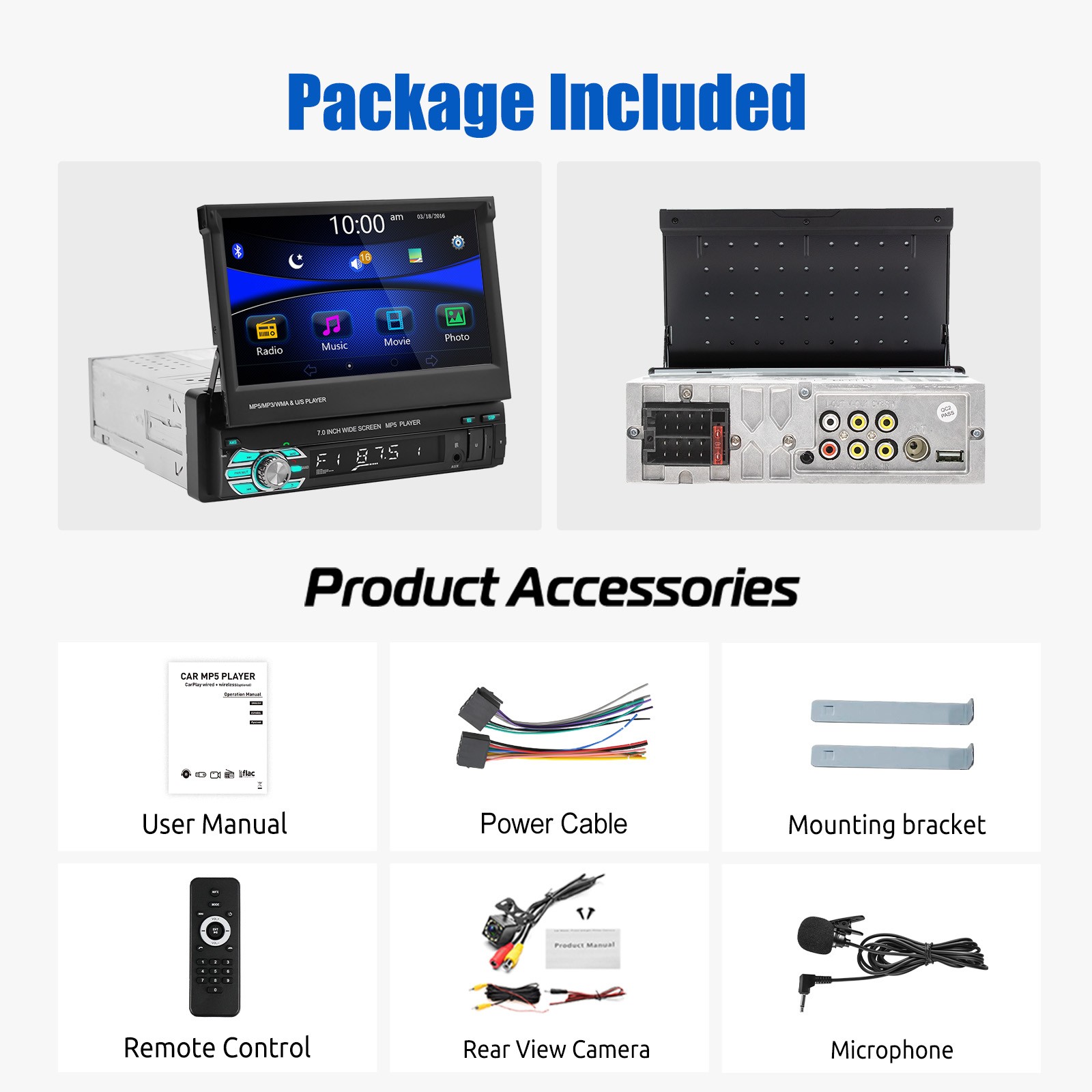7″ Filp Out Wireless CarPlay Android Auto Touch Screen Car Radio Stereo BT+CAM