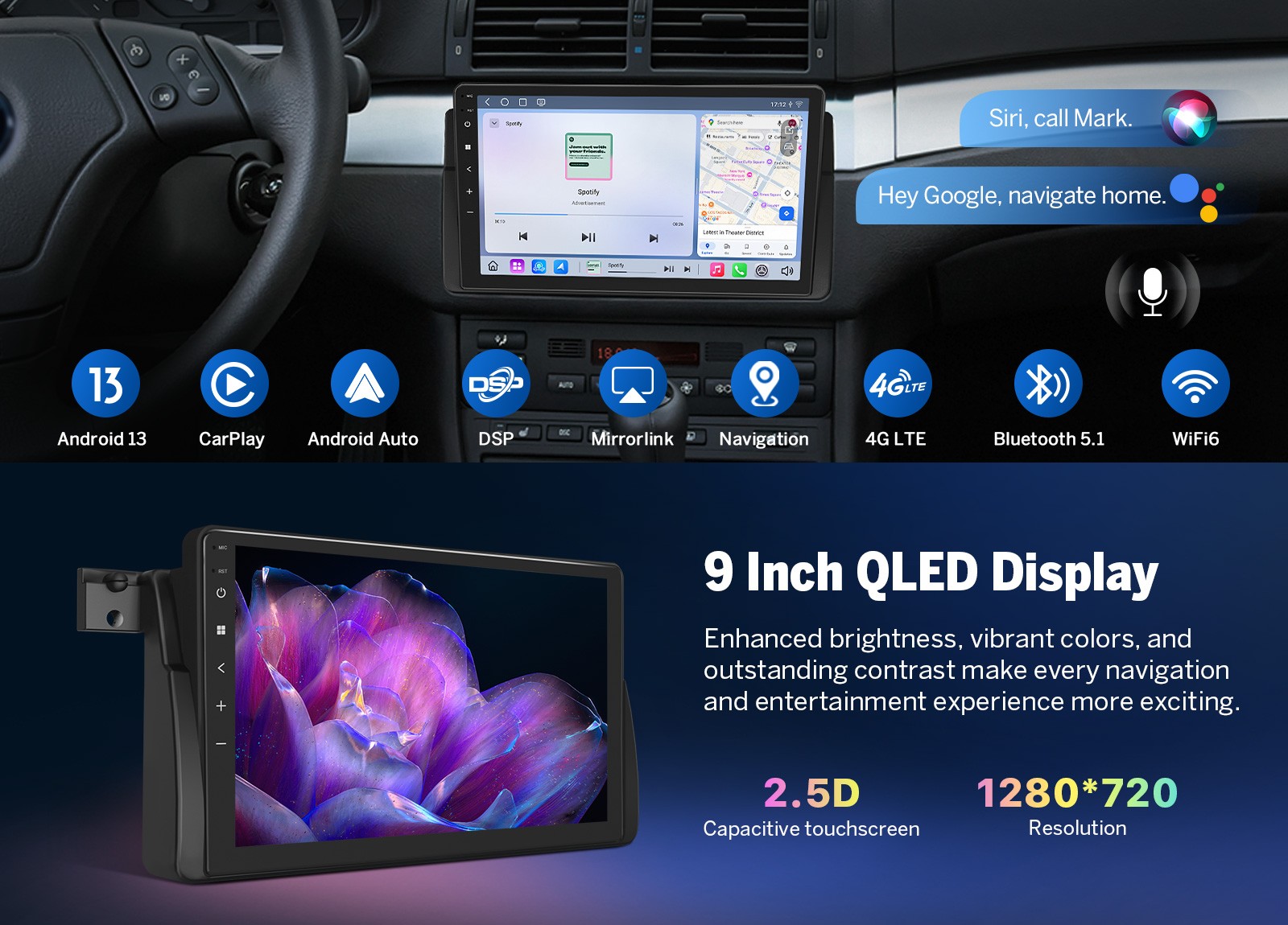 9″ QLED 6+64 Android 13 Car Stereo for BMW E46 330i 325i CarPlay GPS Navigation