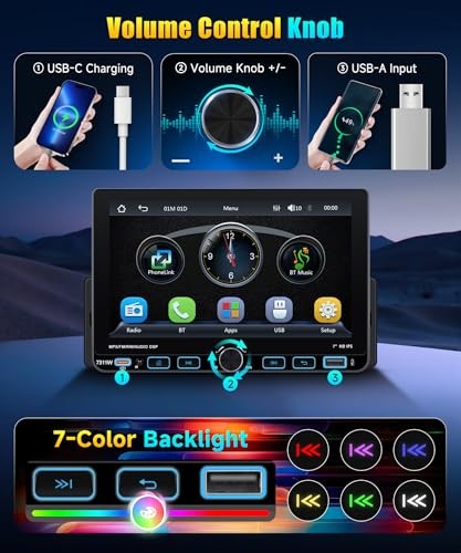 Single DIN Car Stereo with Wireless CarPlay & Android Auto, 7-Inch Touchscreen