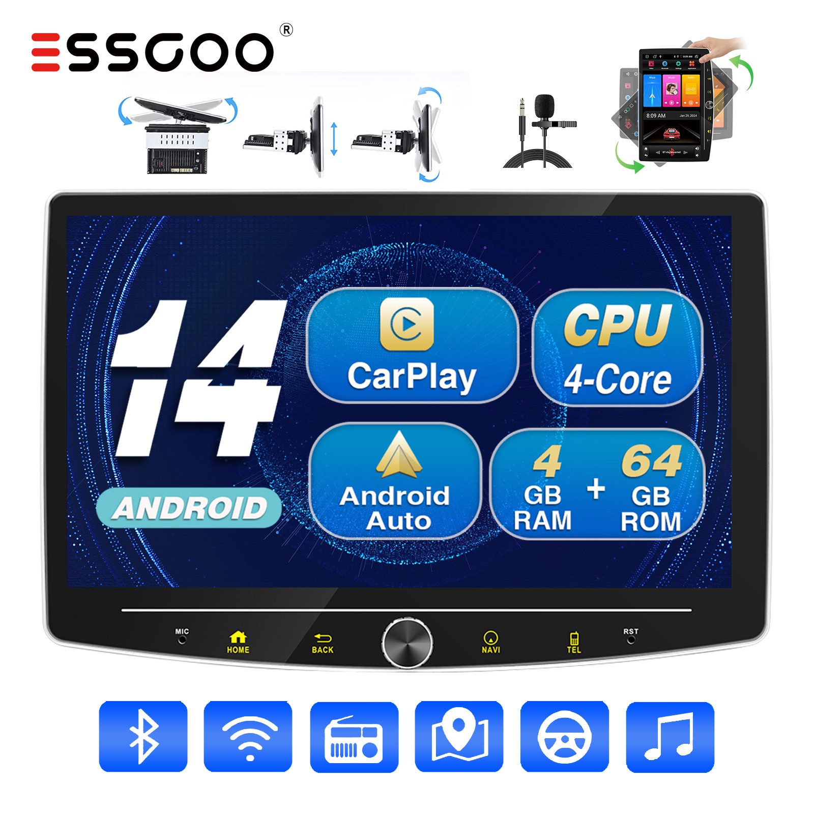 Single DIN Car Stereo Apple Carplay 1 DIN Android 14 4+64G Rotatable Screen GPS