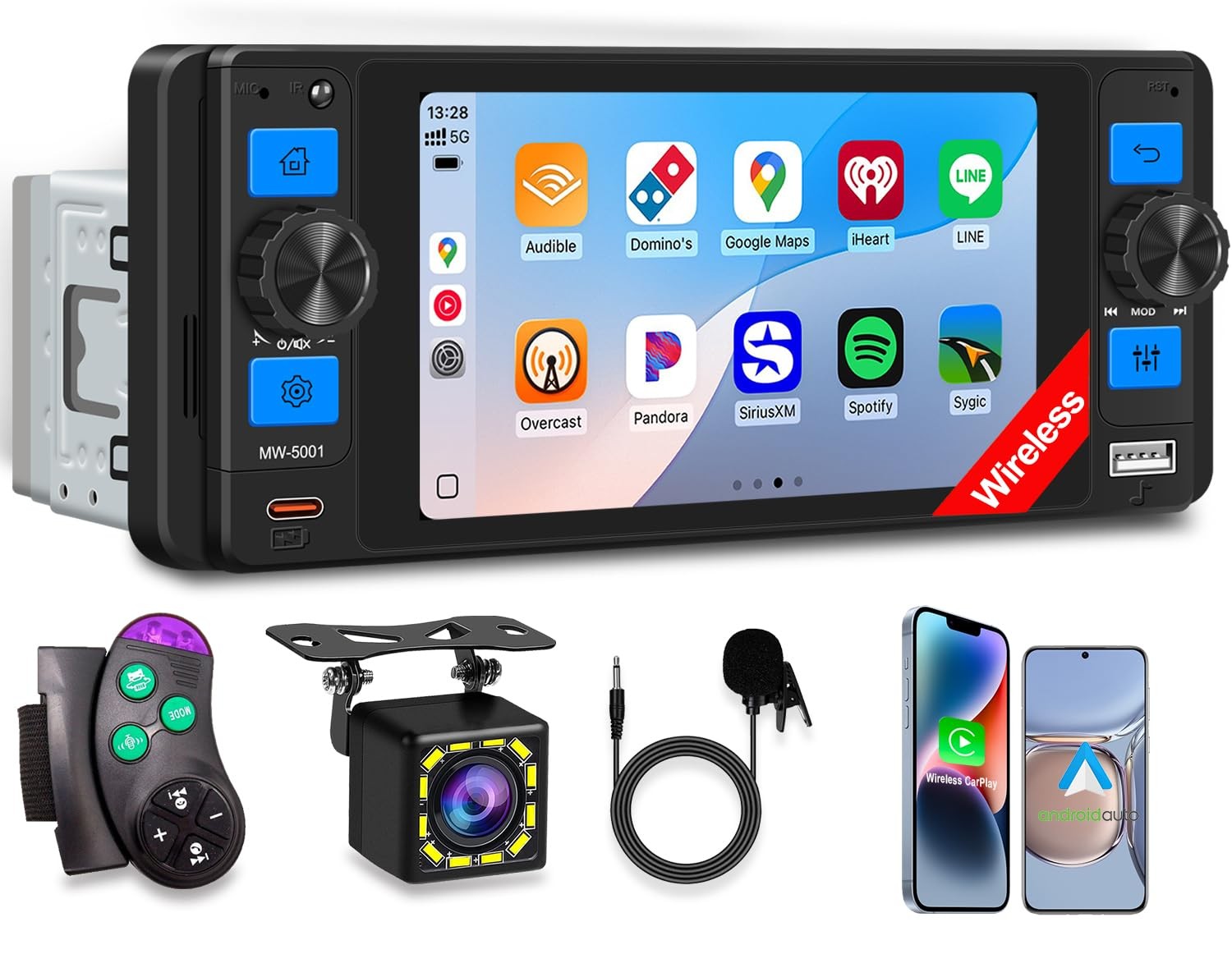 Single Din Car Stereo with Wireless Apple CarPlay, 5″ Touchscreen Car Radio |…