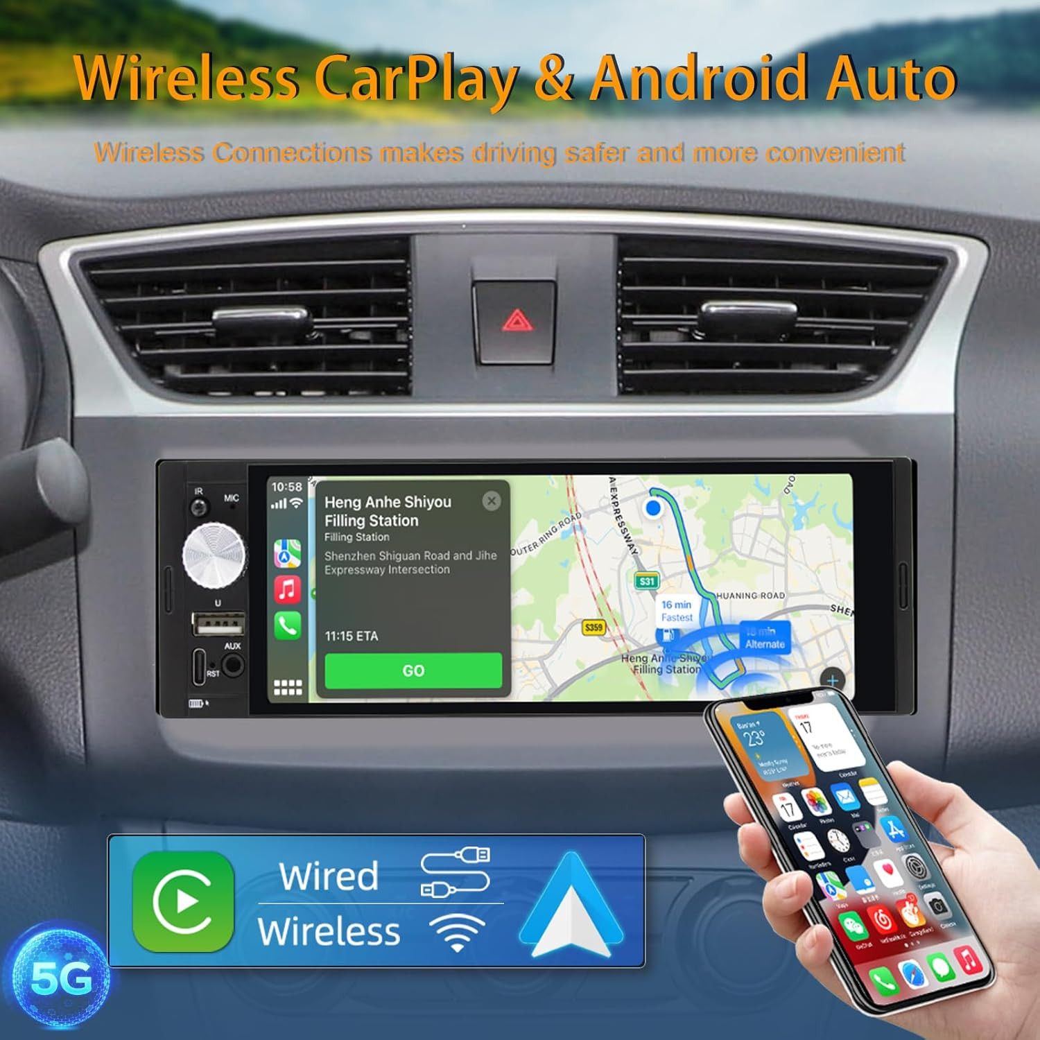 Single DIN Car Stereo with Wireless Apple Carplay Car Radio Android Auto, 6.36″
