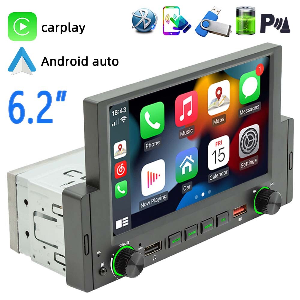 6.2″ Single 1 Din Apple/Android Carplay Car Stereo Radio Bluetooth Touch Screen