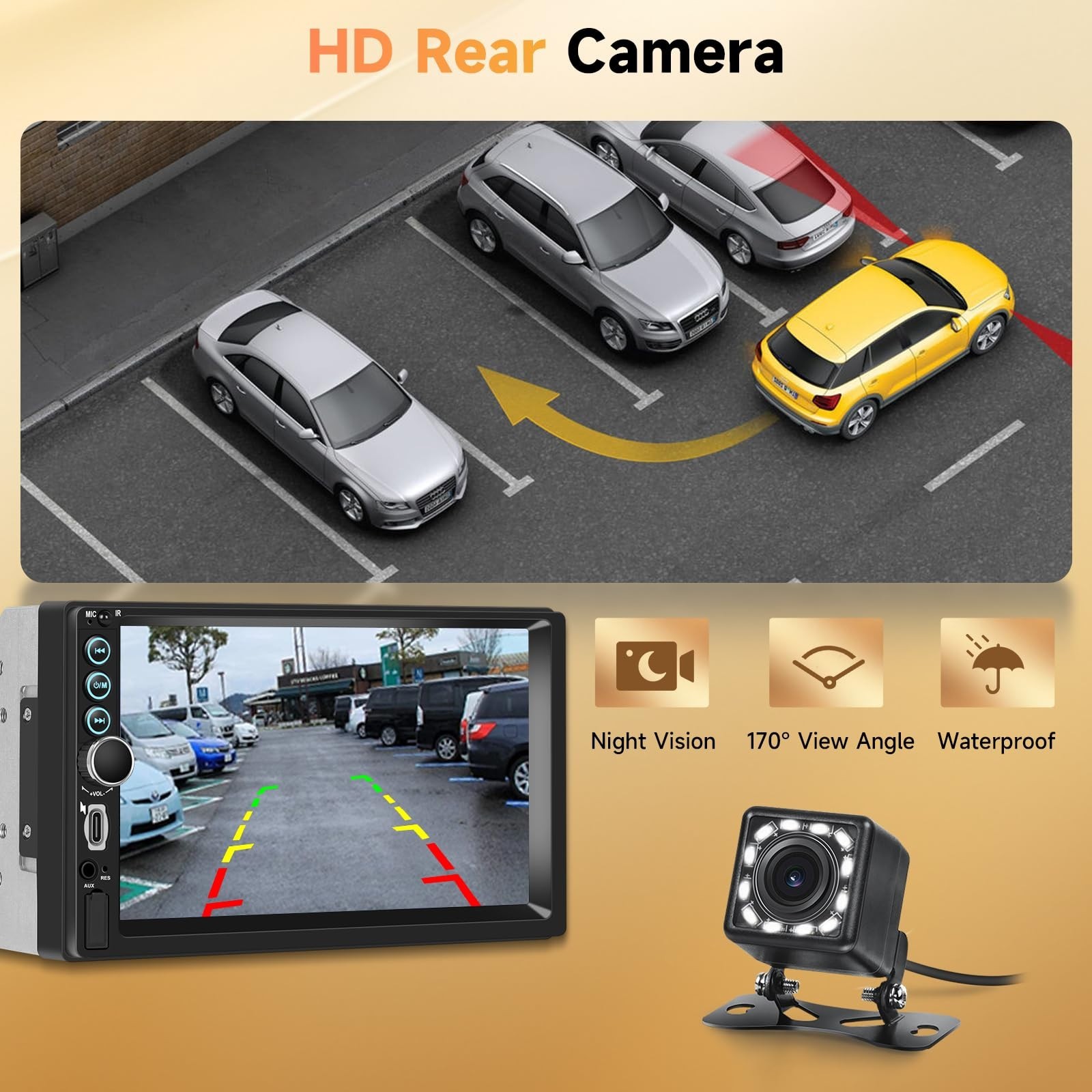 7″ Double Din Car Stereo – HD Touchscreen, Wireless CarPlay, Android Auto, Bluet