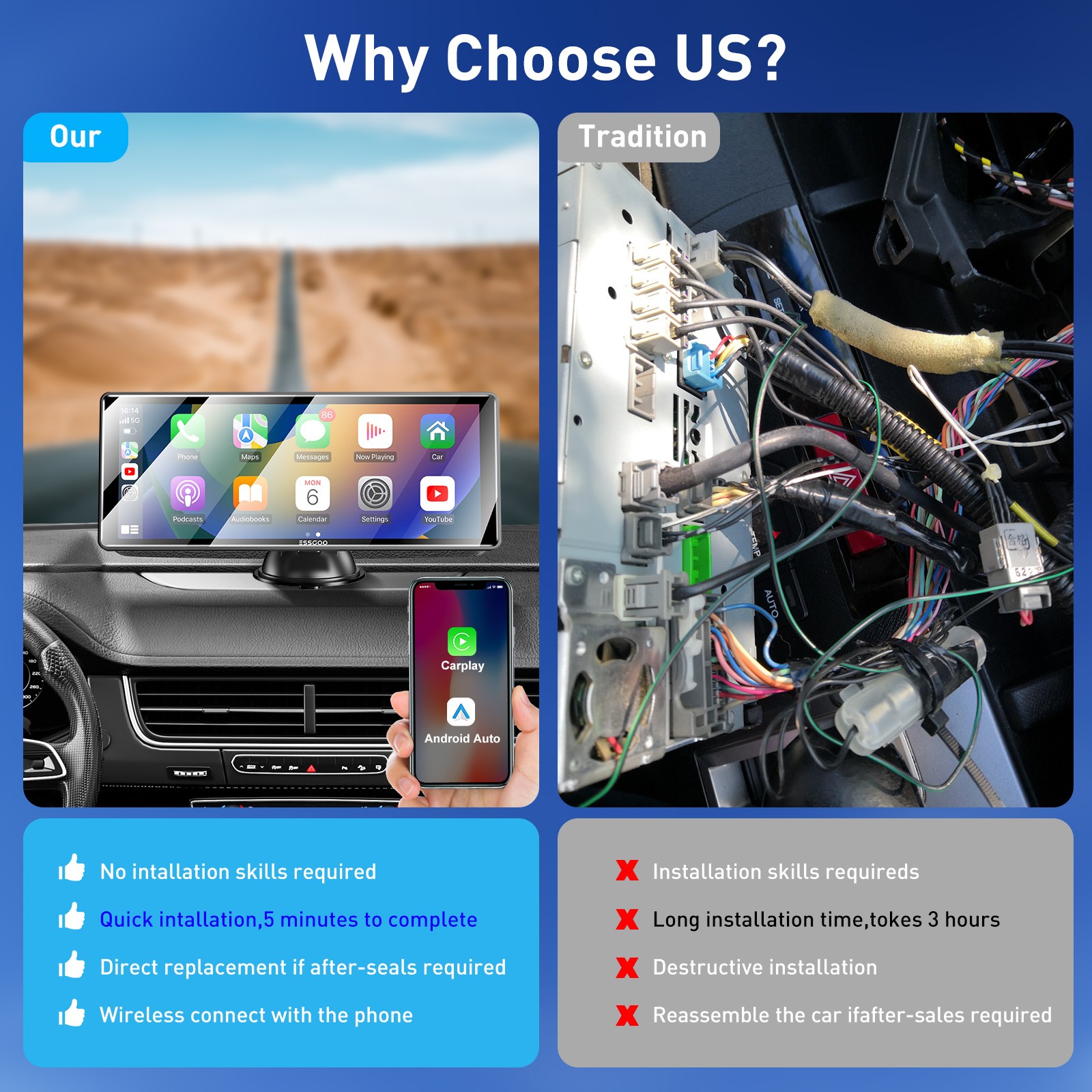 10.26″ Portable Car Stereo Radio Wireless Apple Carplay/Android Auto USB Camera