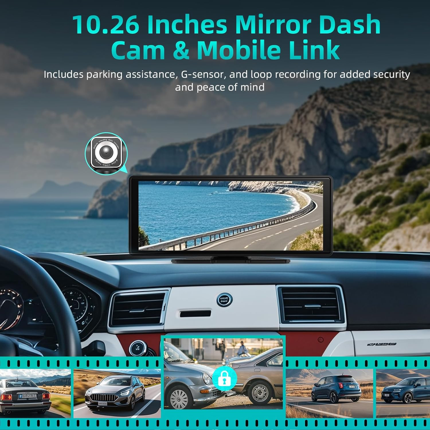 10.26″ Portable Carplay Screen with 4K Dash Cam & Wireless Car Audio