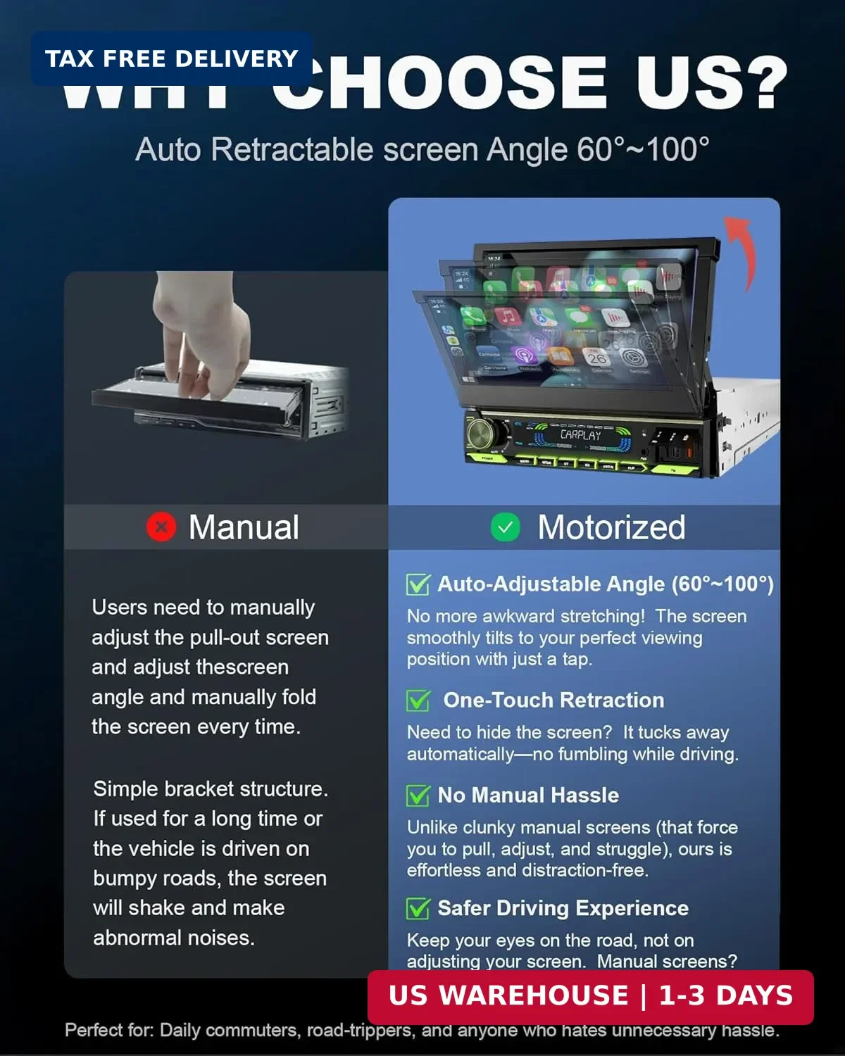 2026 Car Stereo with Wireless CarPlay & Auto, 7-inch HD motorized flip out
