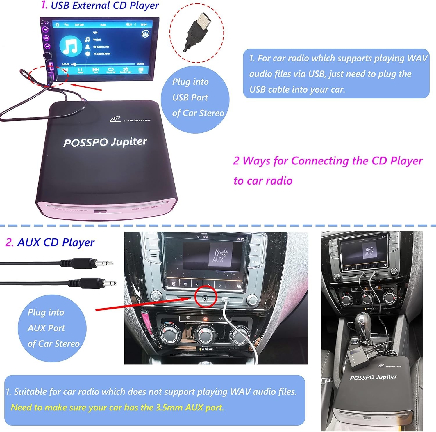 POSSPO Jupiter CD DVD Player for Car with USB Port AUX Port, Portable External