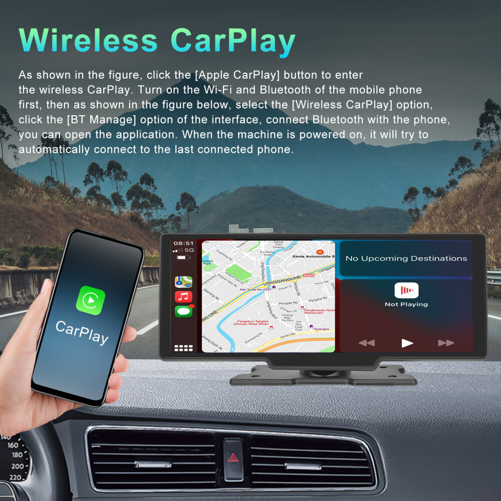 10.26″ Wireless CarPlay Screen Portable Car Stereo Radio Android Auto Screen