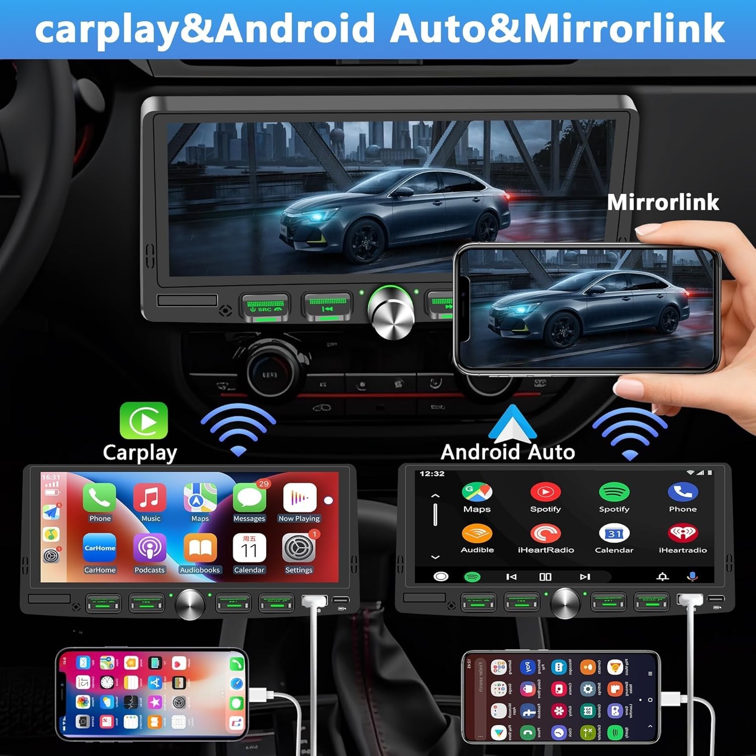 Single 1 Din Car Stereo Wireless CarPlay 6.8″ Touchscreen Bluetooth Radio FM USB