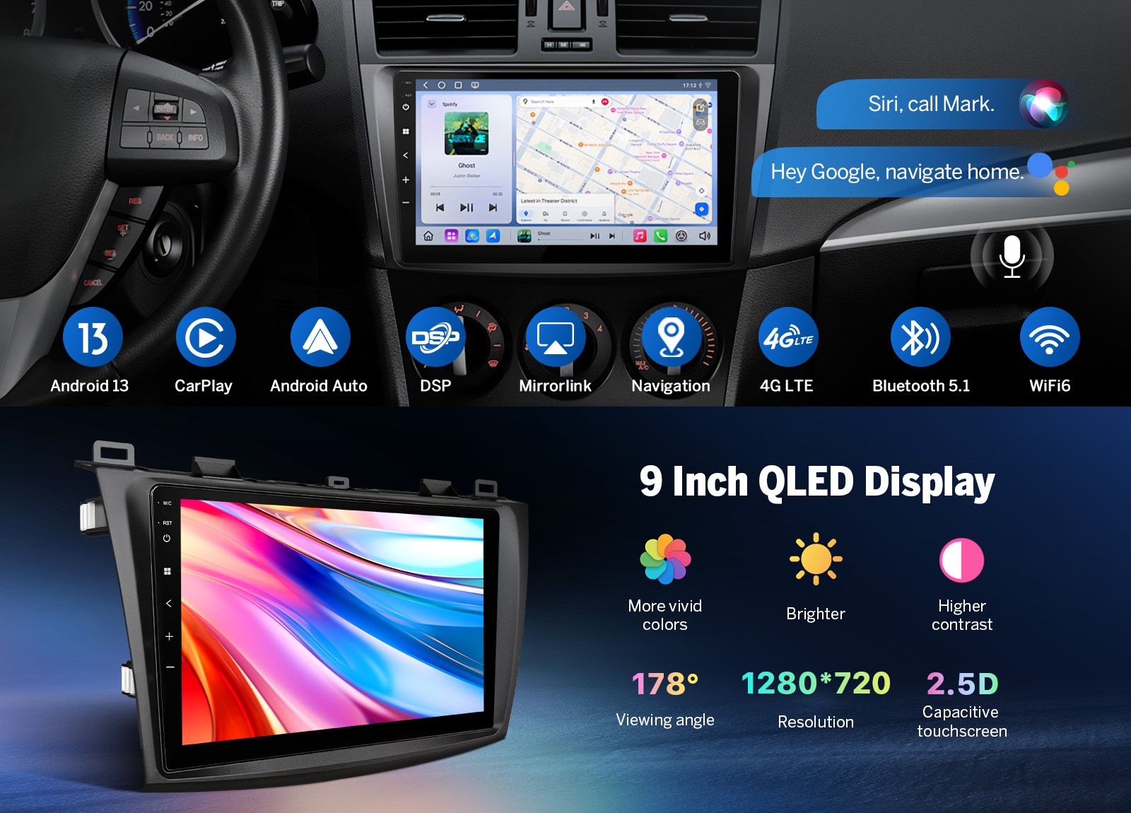 For Mazda3 Hatchback 2010-2013 Car Stereo Radio 9″ QLED 6+64GB Wireless CarPlay