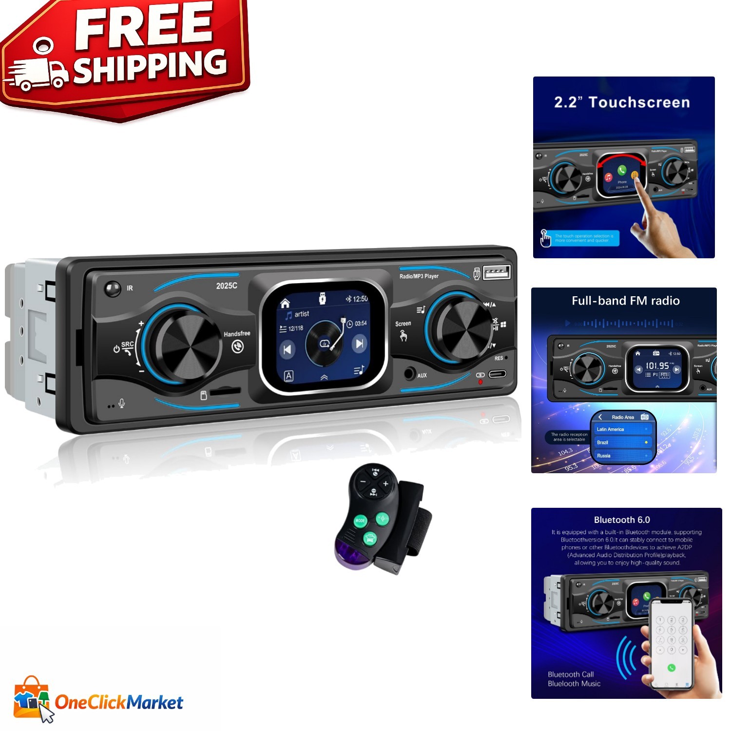 Compact 1 Din Car Stereo with FM Radio, Bluetooth & Type-C Charge Capability