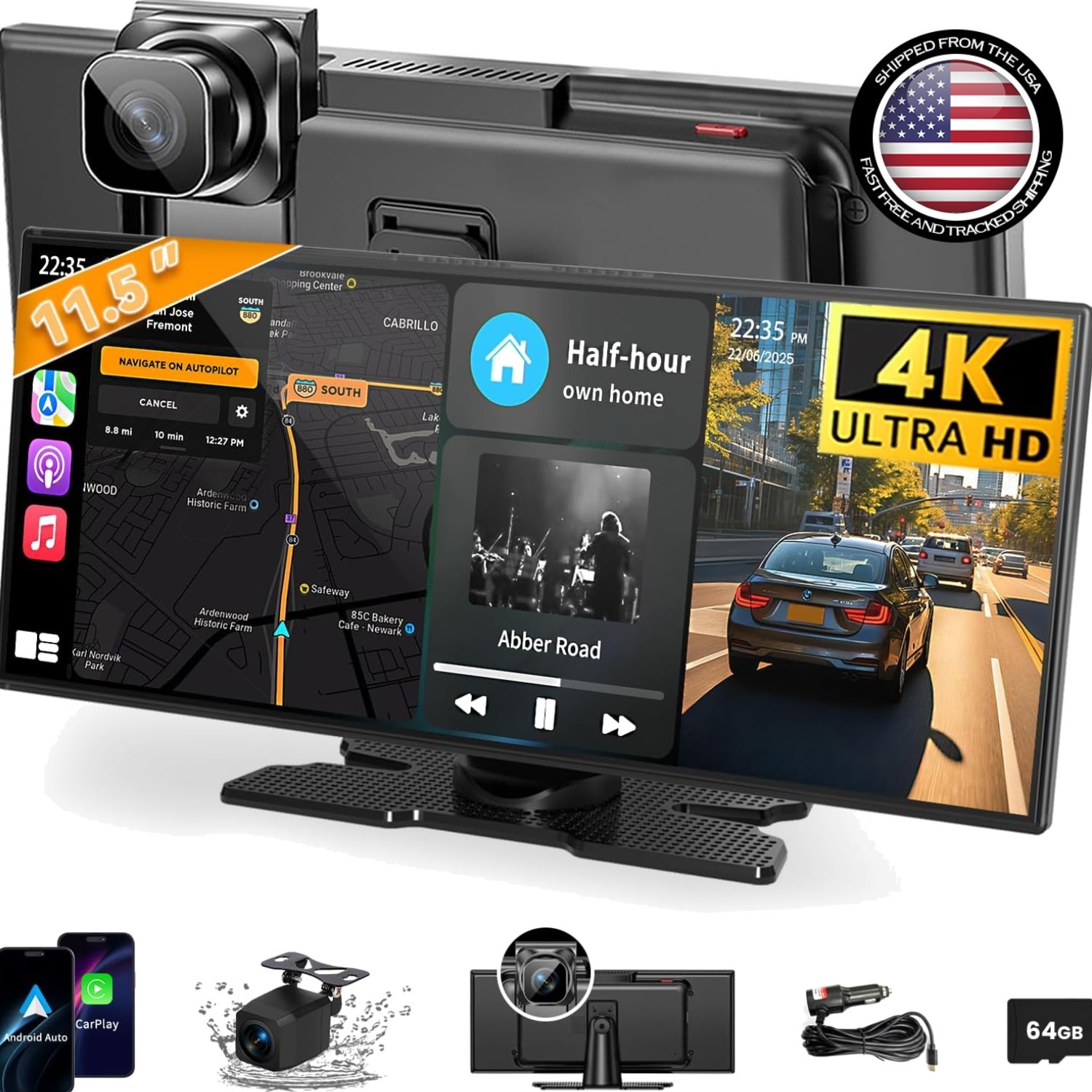 Largest 11.5″ Portable Carplay Screen for Car, 4K Wireless Car Play & Black