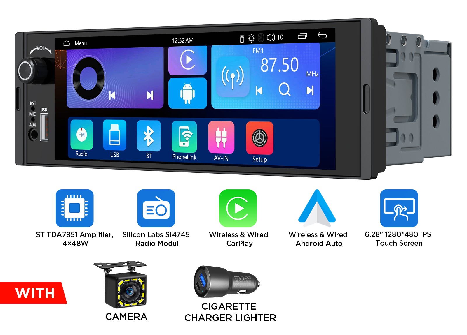 1 DIN 6.28″ IPS Android Auto Car Stereo Radio CarPlay GPS Navi USB Charging Port