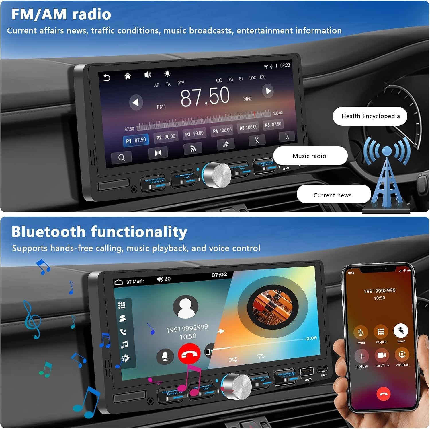 Single 1 Din Car Stereo Wireless CarPlay 6.8″ Touchscreen Bluetooth Radio FM USB
