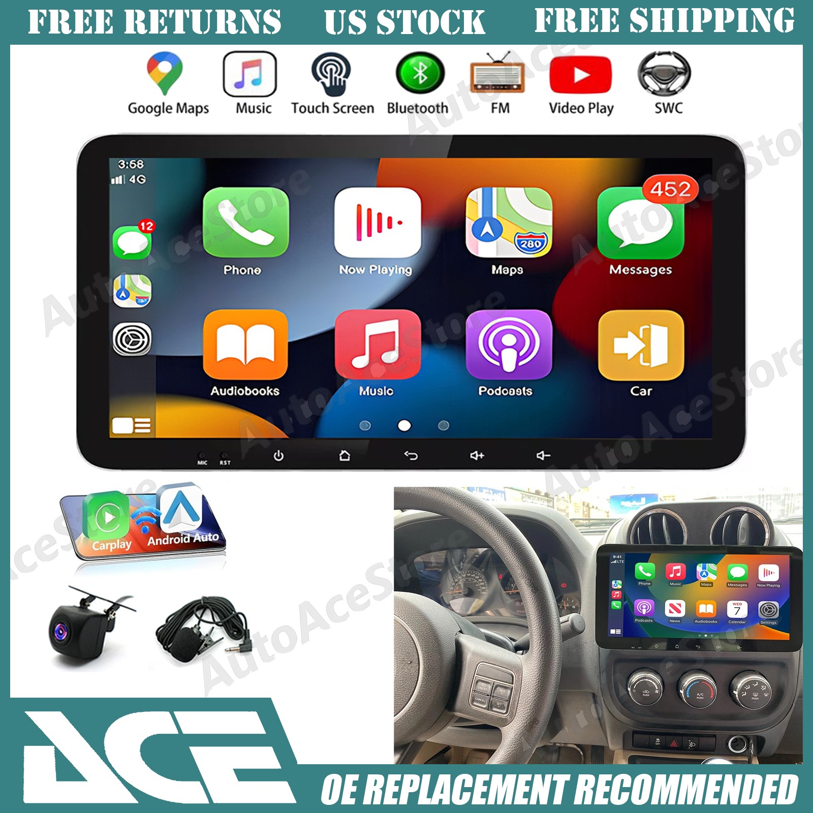 For Jeep Universal 10.33″ Android 15 Carplay Built-in CarPlay Android Auto 2+64G