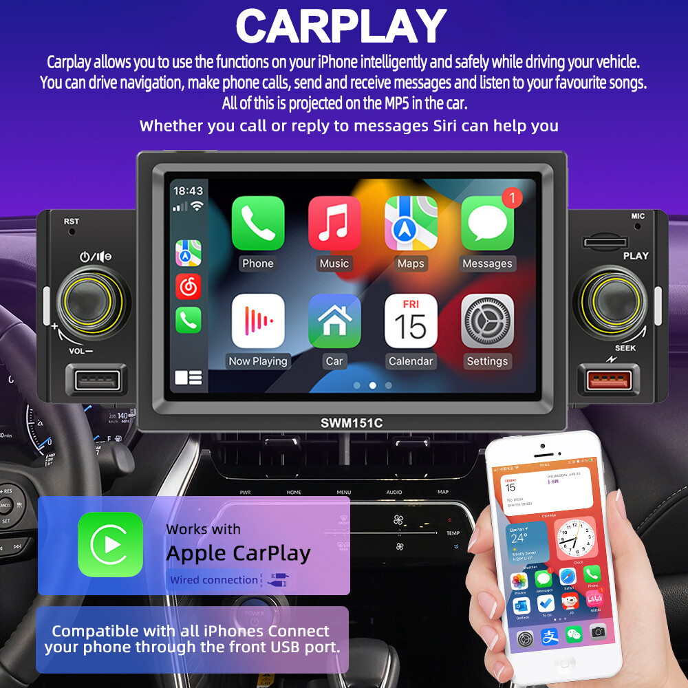 5”1Din Car Steroe Radio Touch Screen Apple Carplay Android Auto MP5 Player USB
