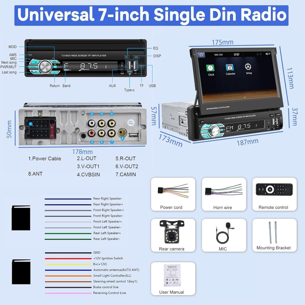 7″ Single 1 DIN Car Radio Stereo Apple Carplay Bluetooth Flip Out Screen USB AUX
