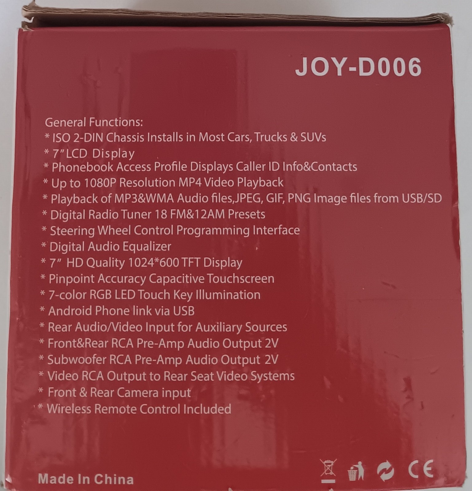 JoyBring JOY-D006 Double Din Touchscreen Stereo 7″ HD LCD W/Remote & hardware